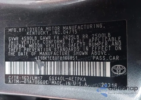 2015 Toyota Avalon Limited from USA, damaged, VIN 4T1BK1EBXFU166851
